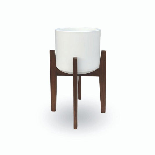 Boni White Mid - Century Cement Planter With Wooden Stand