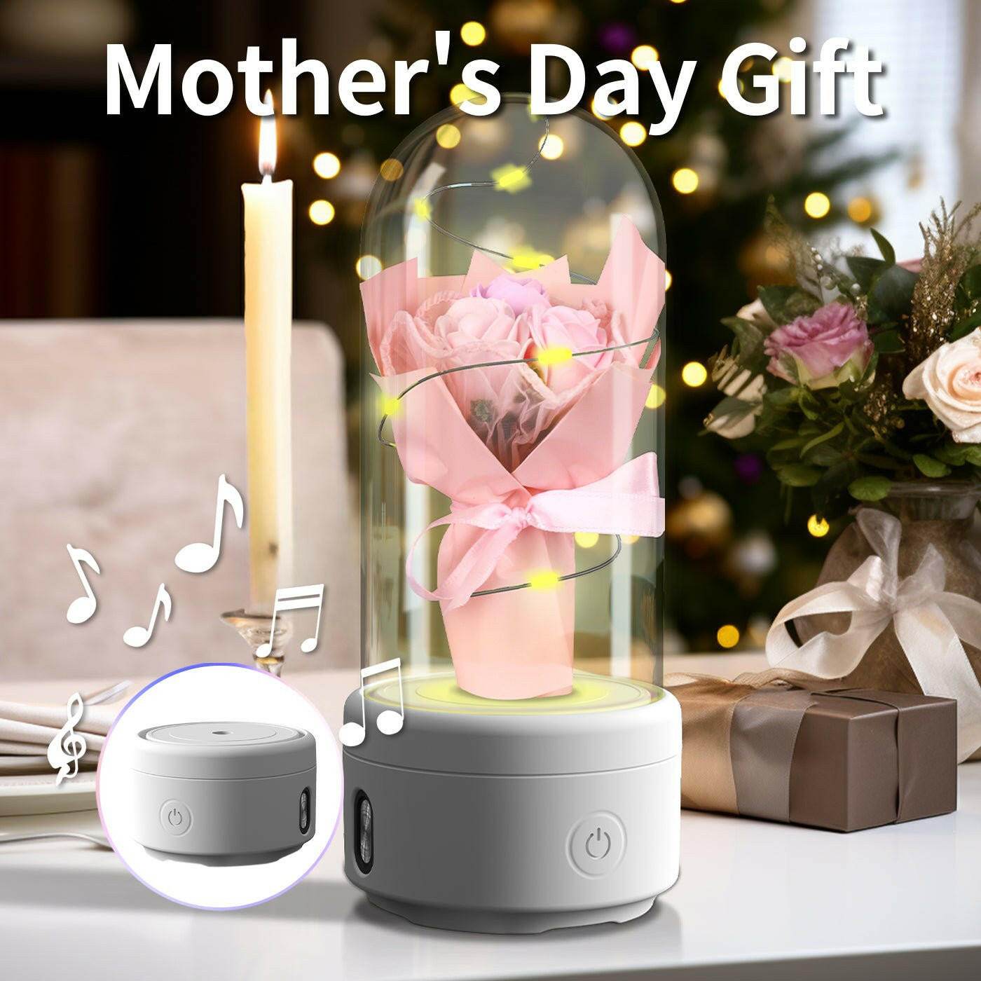Creative 2 In 1 Bouquet LED Light And Bluetooth Speaker Mother's Day Gift Rose Luminous Night Light Ornament In Glass Cover - Austrige™