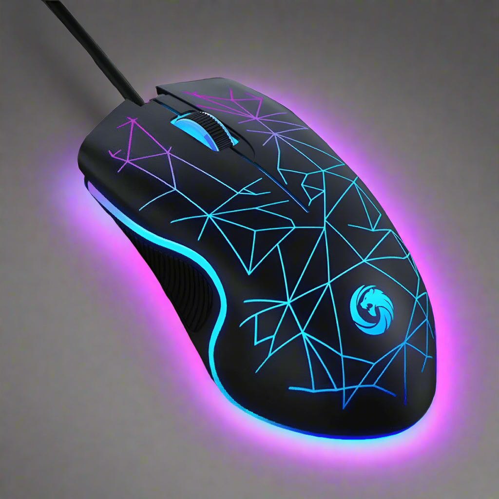 Gaming mouse with colorful LED lighting on a gray background