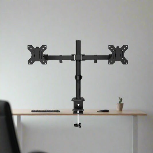 Black dual monitor stand on a white background