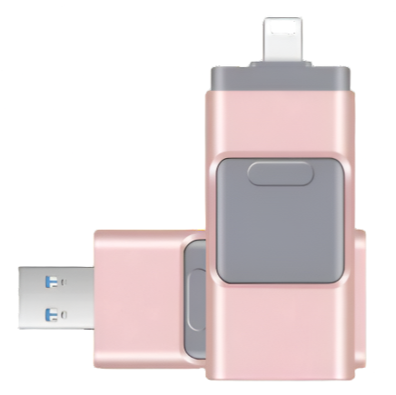 Rose gold USB device with multiple connectors on a white background