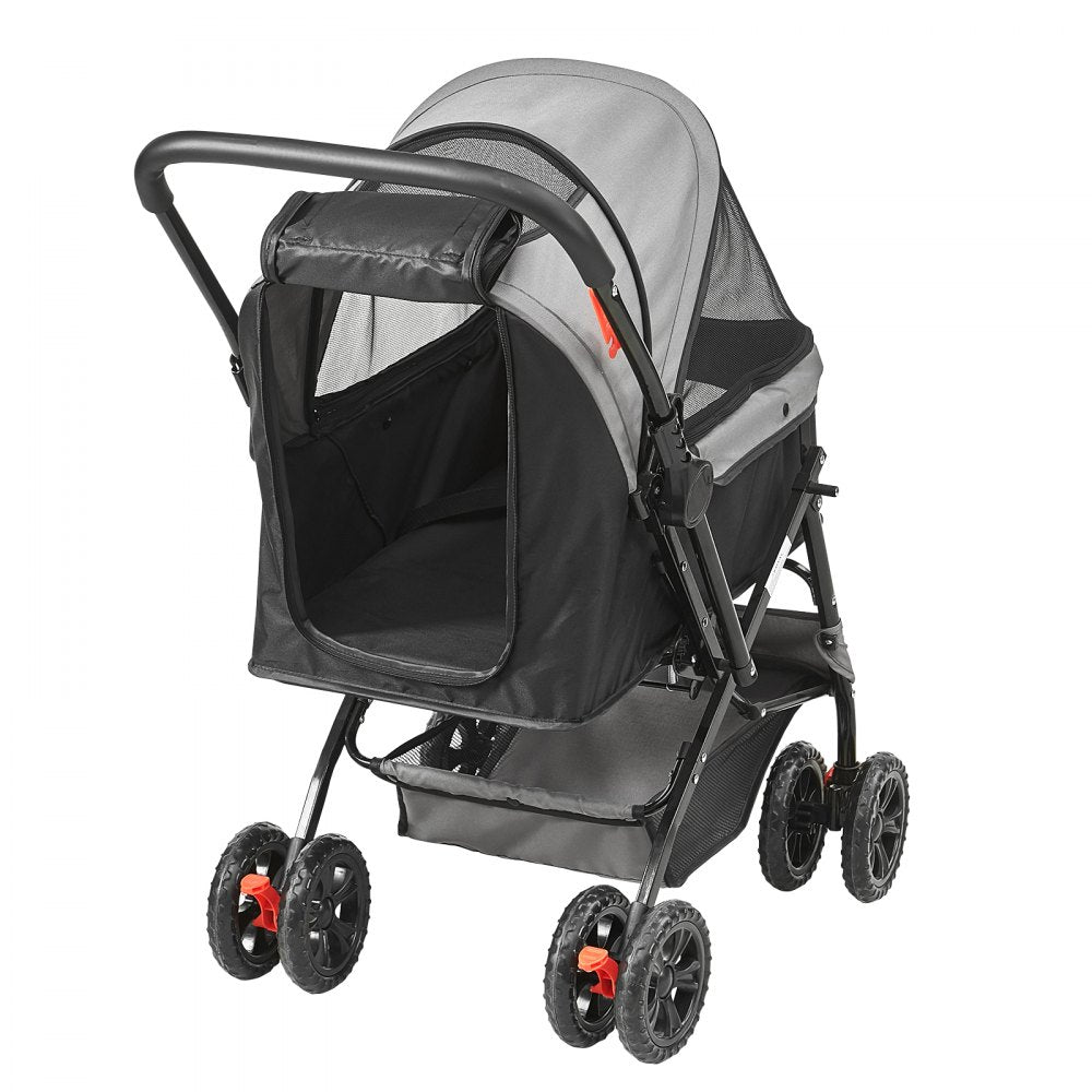 VEVOR Pet Stroller, 4 Wheels Dog Stroller Rotate with Brakes, 44lbs Weight Capacity, Puppy Stroller with Reversible Handlebar, Storage Basket and Zipper, for Dogs and Cats Travel, Black+Grey