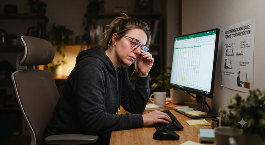 Person with tired eyes at desk. Monitor positioning guide for eye strain prevention.