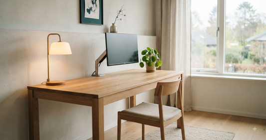 Minimalist Japandi home office with solid wood desk, adjustable monitor arm, ergonomic chair, soft warm lighting, and single potted plant on clear desk surface. Calm, intentional workspace design.