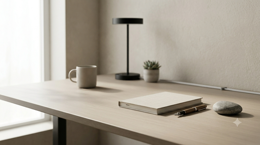 Clean, minimal desk setup — muted tones, intentional arrangement, soft natural light from the left. No screens visible. Suggests calm, deliberate work environment. No products foregrounded.