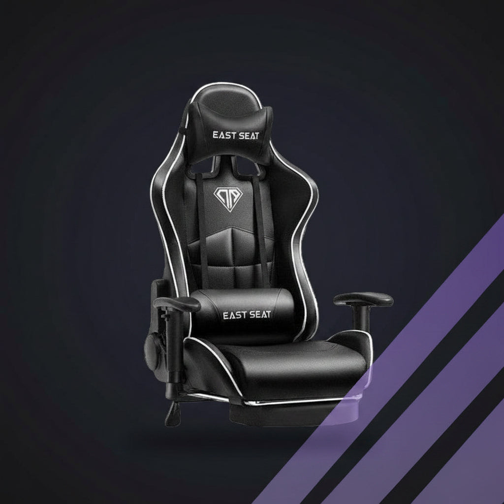 A black gaming chair with white piping and 'EAST SEAT' branding on the headrest and seat cushion, shown against a light beige background with diagonal purple stripes in the lower right.