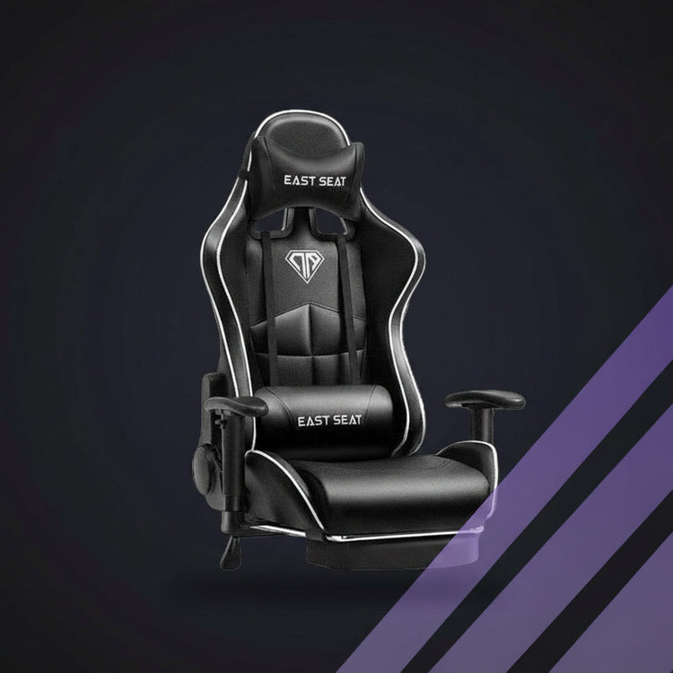 A black gaming chair with white piping and 'EAST SEAT' branding on the headrest and seat cushion, shown against a light beige background with diagonal purple stripes in the lower right.