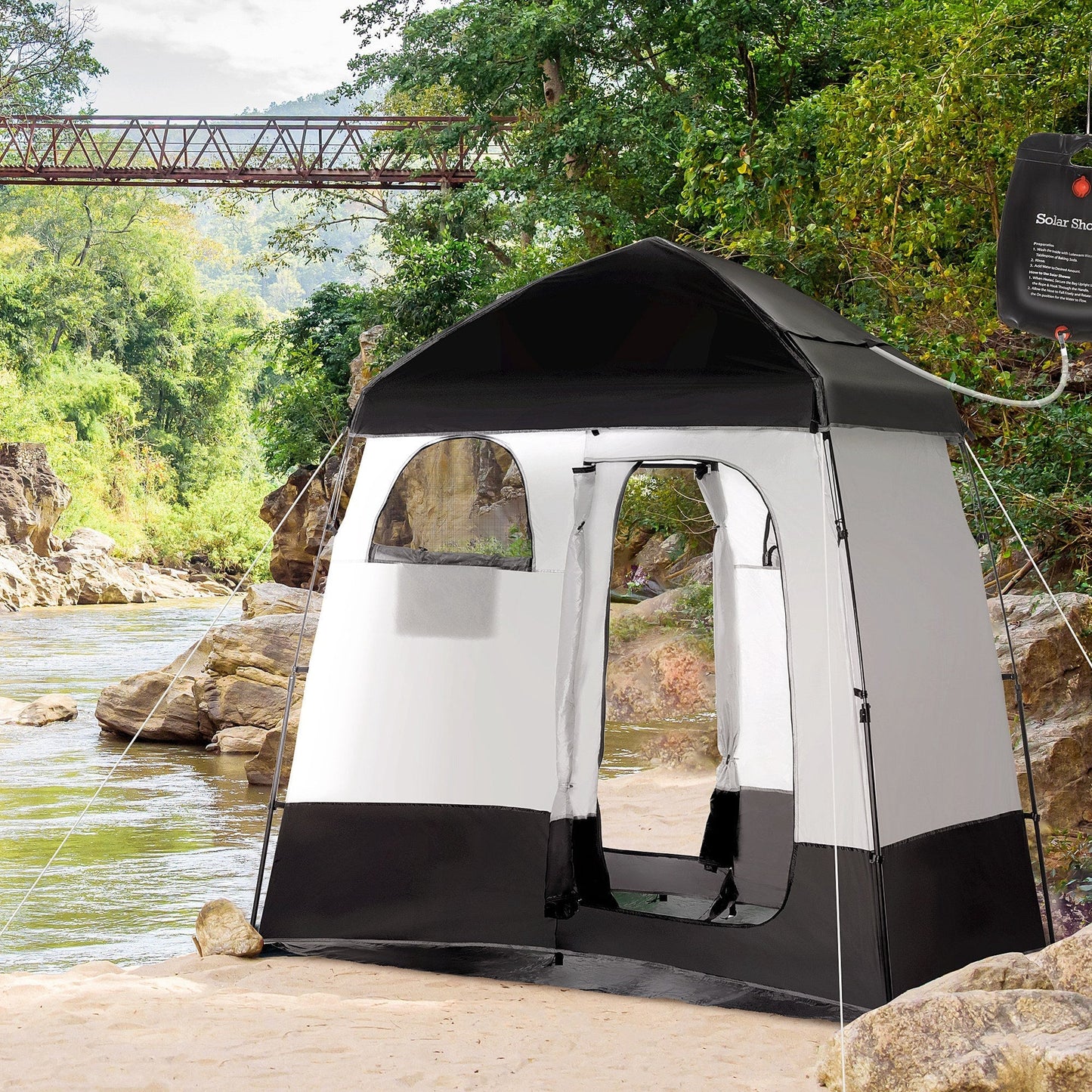 Outsunny Outdoor Portable Pop Up Shower Tent Changing Tent Privacy Enclosure with 2 Rooms, Shower Bag, Floor for Camping, Black