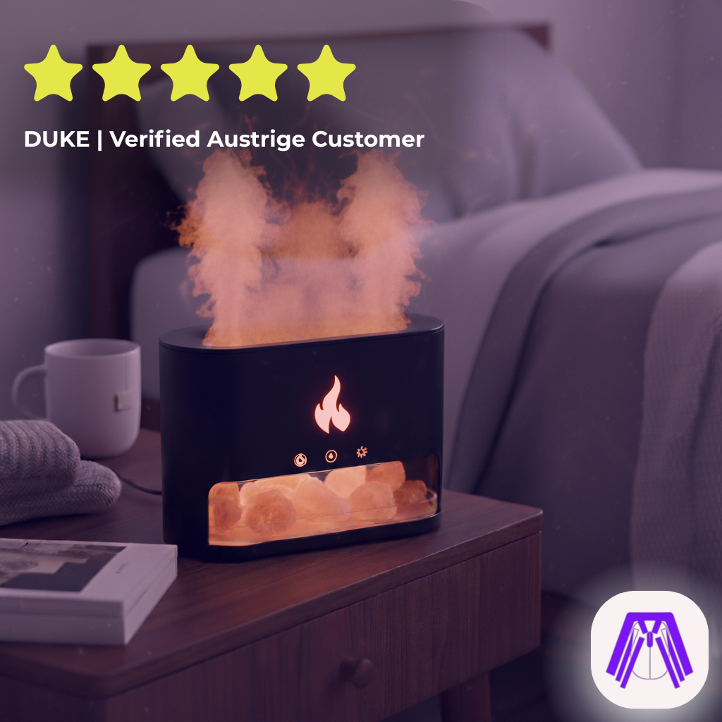 Faux fireplace on a nightstand with a 5-star rating and customer review text overlay.