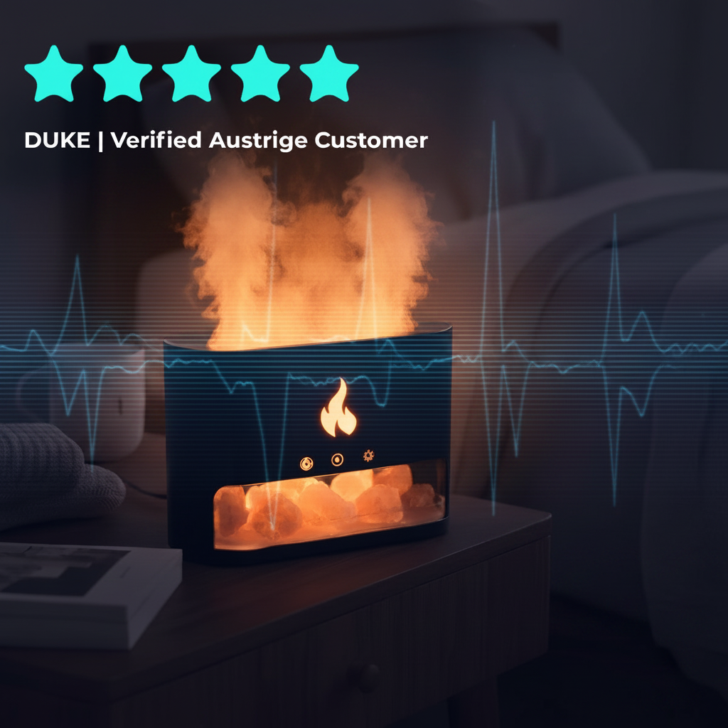 A dark blue electronic wellness device with a transparent front panel showing glowing orange stones inside, emitting a warm orange flame-like glow from the top. The device sits on a bedside table in a dim bedroom setting, with blue heart-monitor graphics overlaid across the scene and a five-star graphic with the text 'DUKE | Verified Austrige Customer' in the upper left.