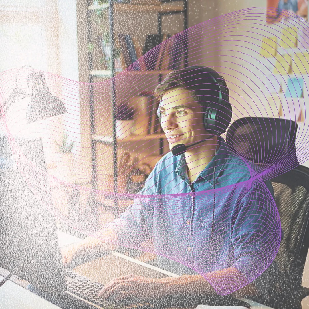 Austrige Banner - Happy Gamer with Headphones in Home Office and gaming