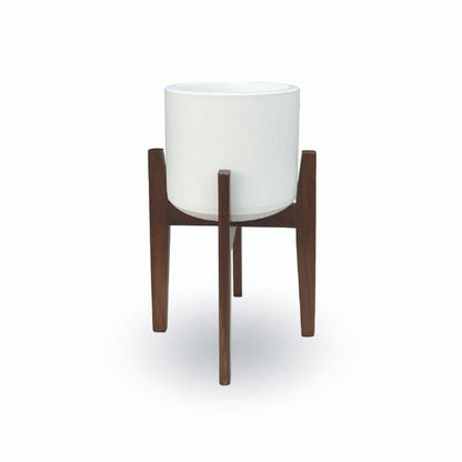 Boni White Mid - Century Cement Planter With Wooden Stand