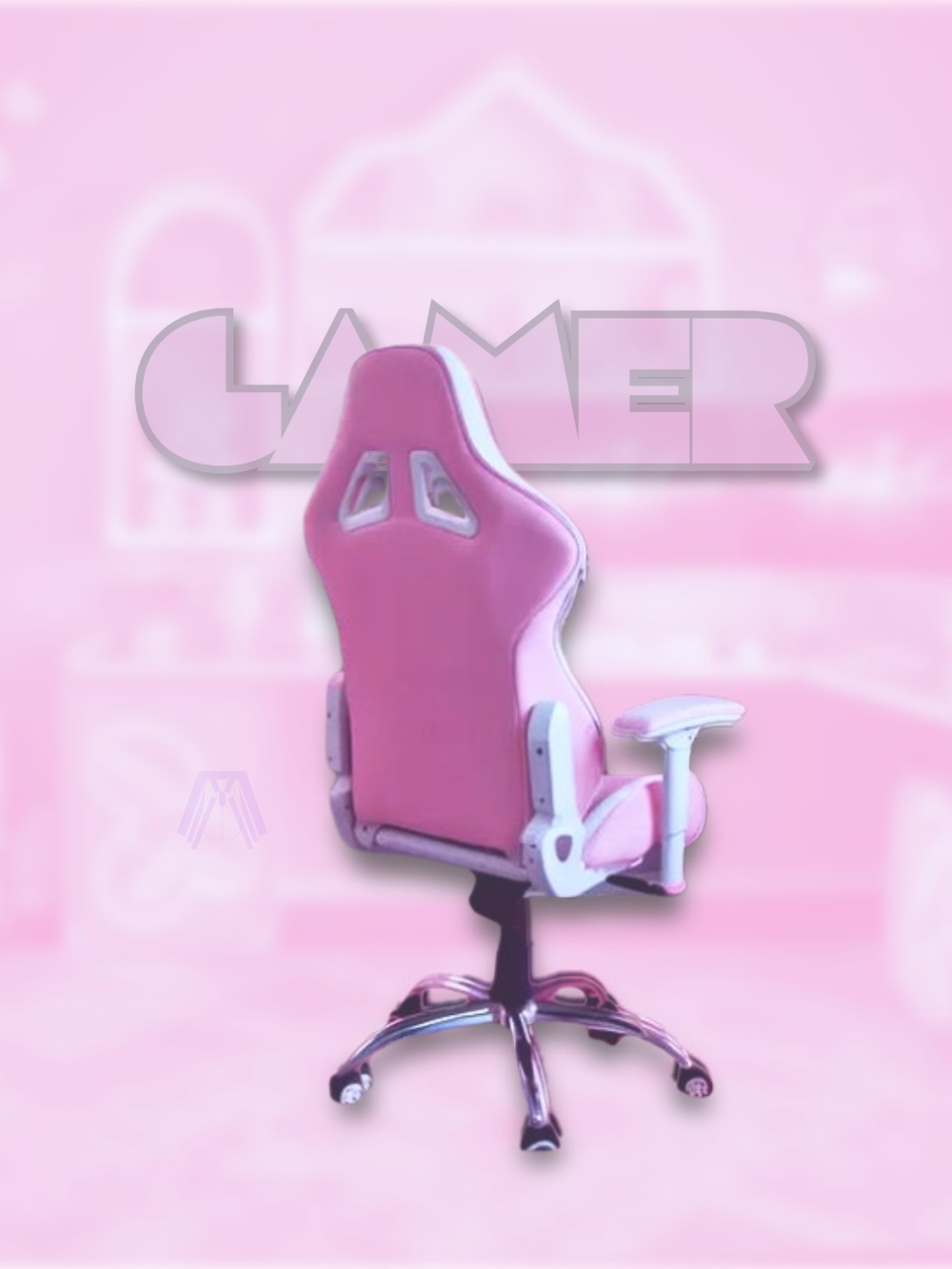Pink gaming chair with 'Gamer' text on a pink background