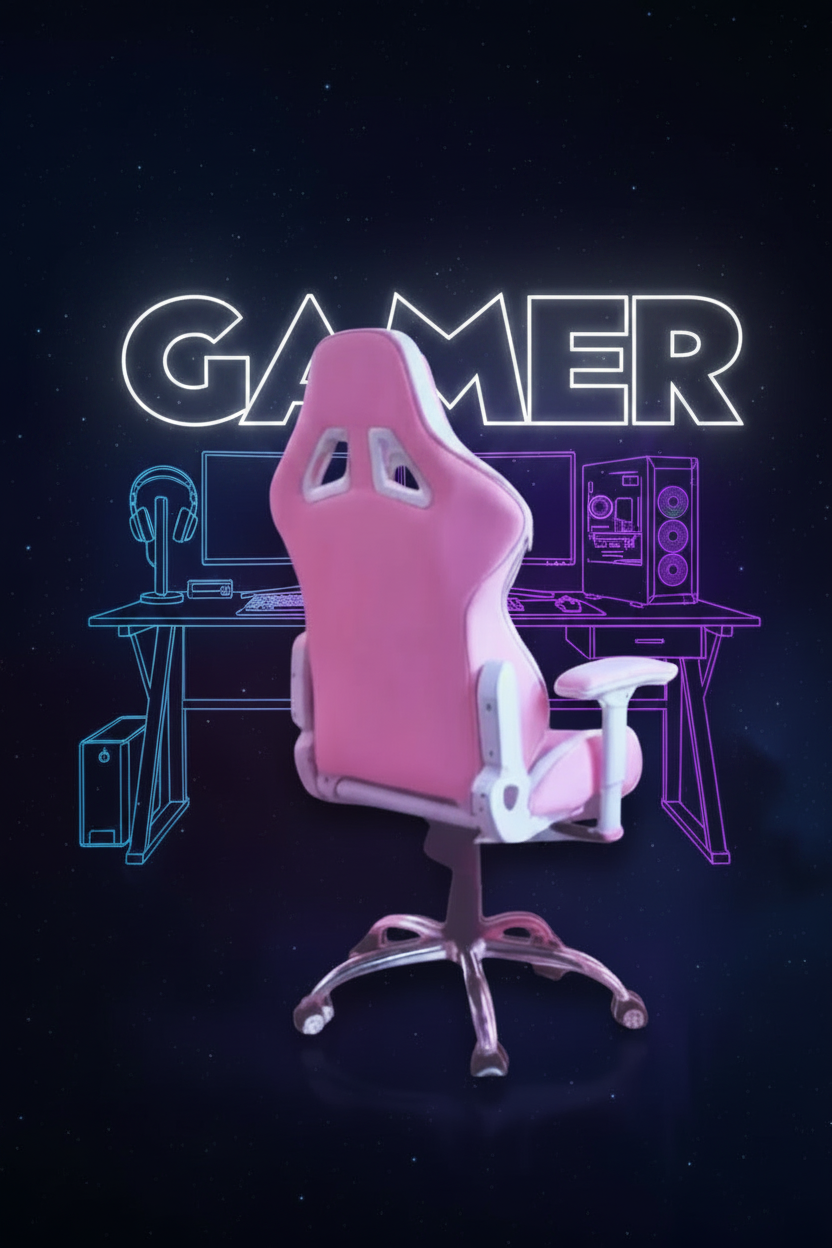 A pink and white gaming chair centered in front of a dark background with a neon-style 'GAMER' sign and computer desk illustration.