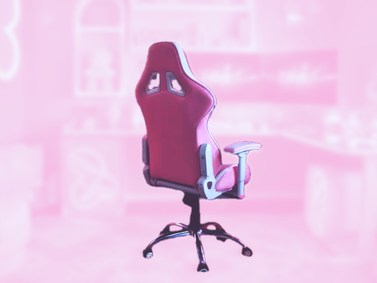 Gaming chair on a pink background with decorative elements