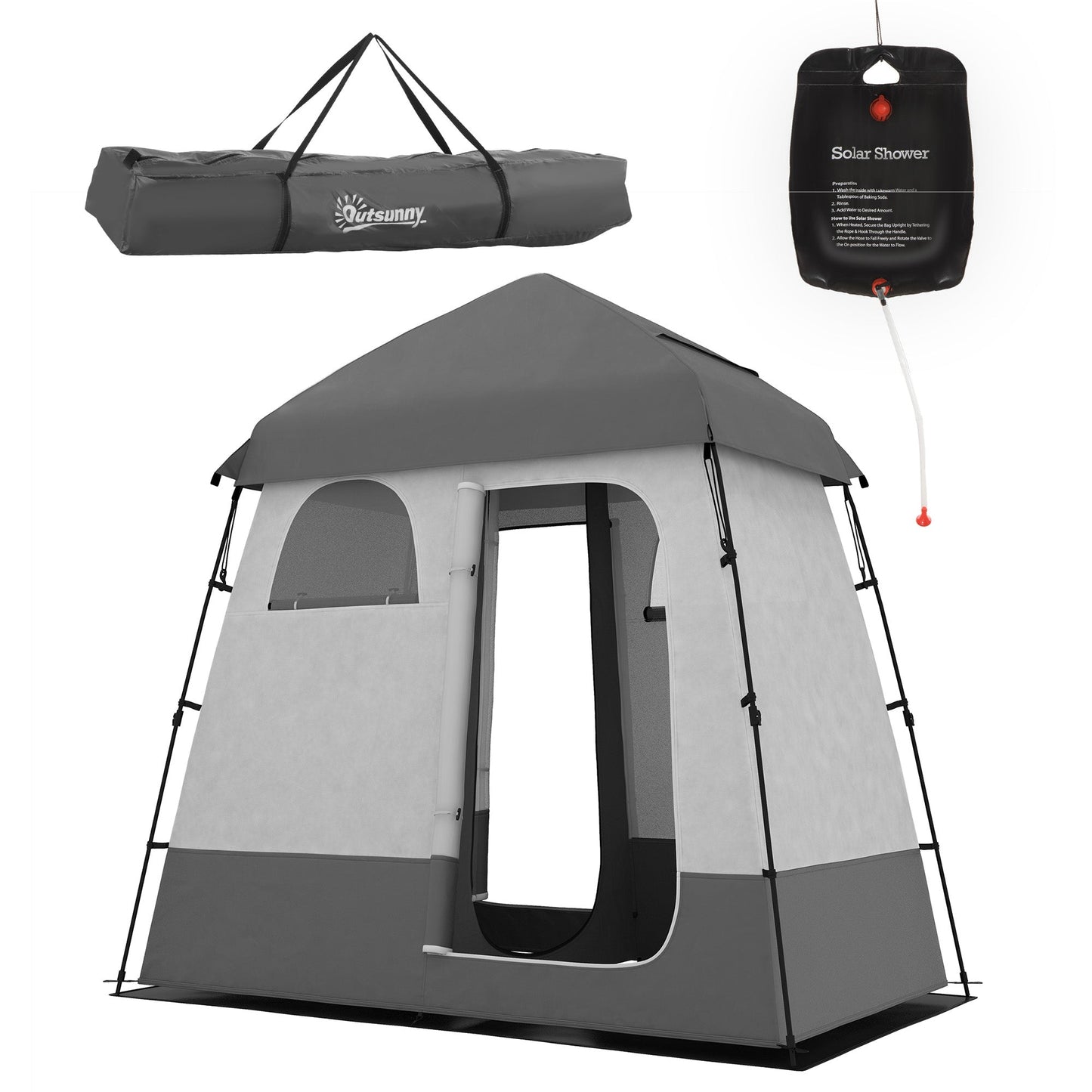 Outsunny Outdoor Portable Pop Up Shower Tent Changing Tent Privacy Enclosure with 2 Rooms, Shower Bag, Floor for Camping, Dark Grey