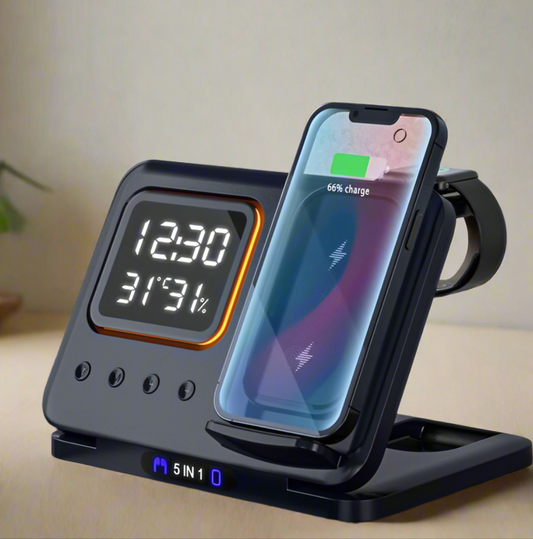 Chargeur sans fil 15 W, station de charge rapide, réveil numérique LED 5 en 1