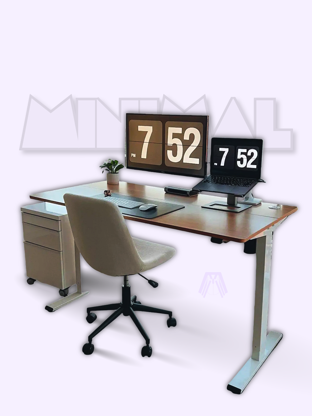 Modern office desk with computer setup, chair, and decorative elements on a white background