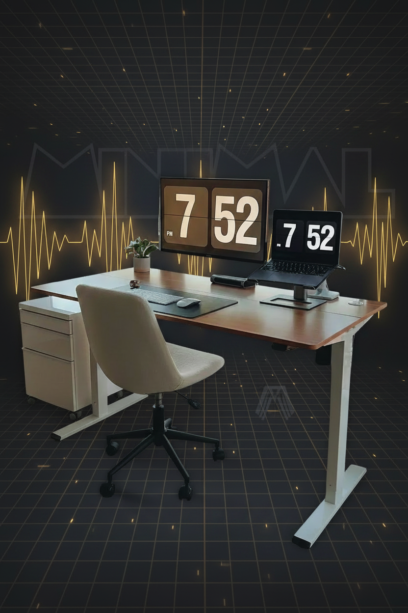 A modern white and wood desk setup in a dark, futuristic room with a black grid floor and glowing yellow data lines. The desk holds a dual-monitor setup showing '7 52', a laptop, a small plant, and a cream-colored office chair.