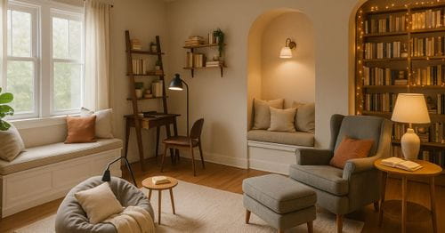 Une vue panoramique chaleureuse d'un bureau à domicile agrémenté de plusieurs coins lecture confortables : une banquette près de la fenêtre, un coin pouf, une banquette intégrée avec arche et un fauteuil classique avec repose-pieds. Un bureau en bois avec étagères échelle et une bibliothèque illuminée de guirlandes lumineuses apportent fonctionnalité et charme. Des tapis couleur crème et un éclairage tamisé créent une ambiance douce et accueillante.