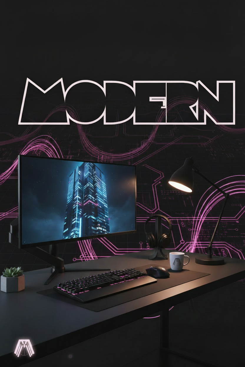 A modern desk setup in a dark room featuring a wide monitor displaying a skyscraper, a keyboard, mouse, desk lamp, mug, and small plant. The background wall is black with neon pink circuit-like lines and large outlined 'MODERN' text at the top.