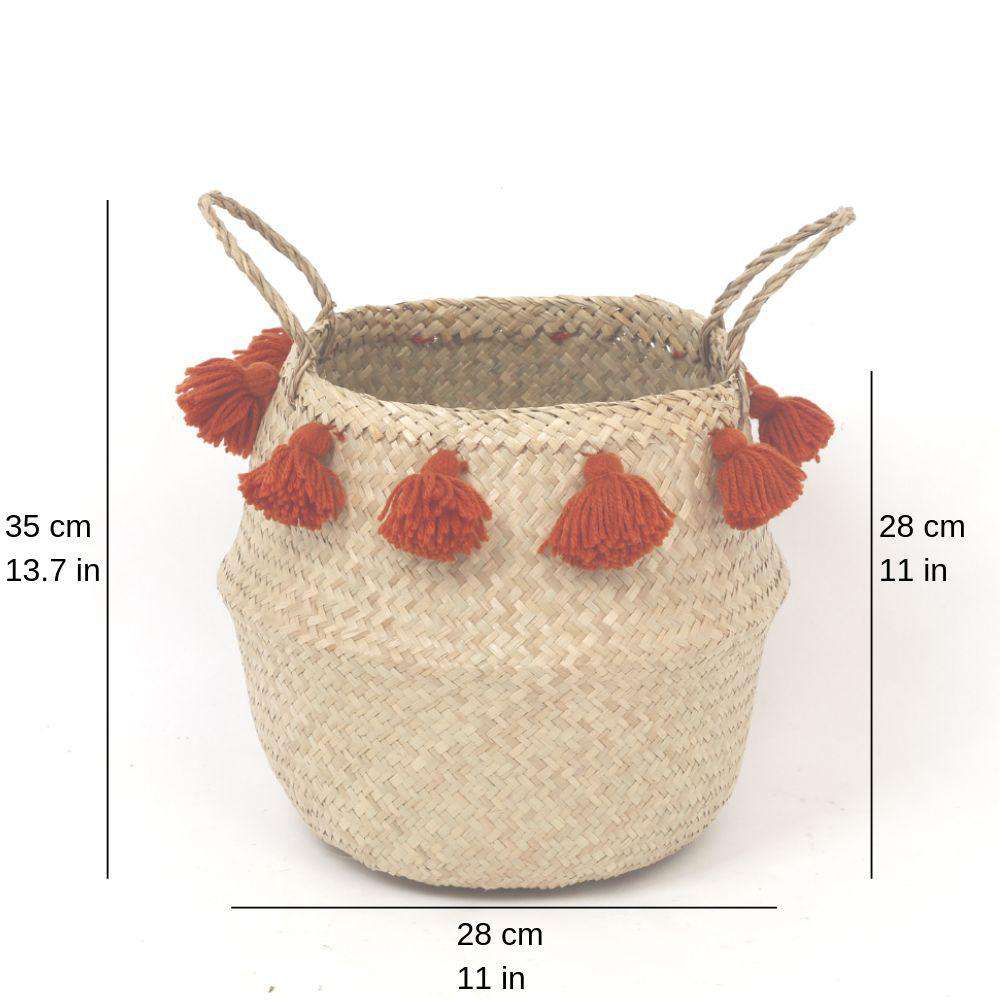 Porta - Seagrass Basket With Orange Pompoms