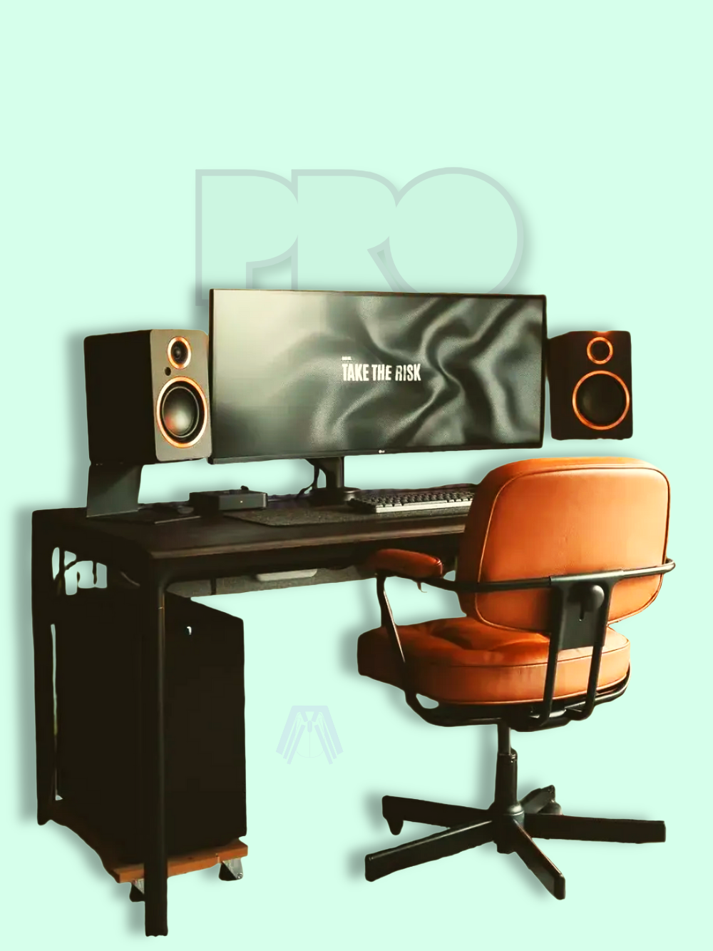 Modern home office setup with a desk, computer monitor, speakers, and an orange chair on a light green background.