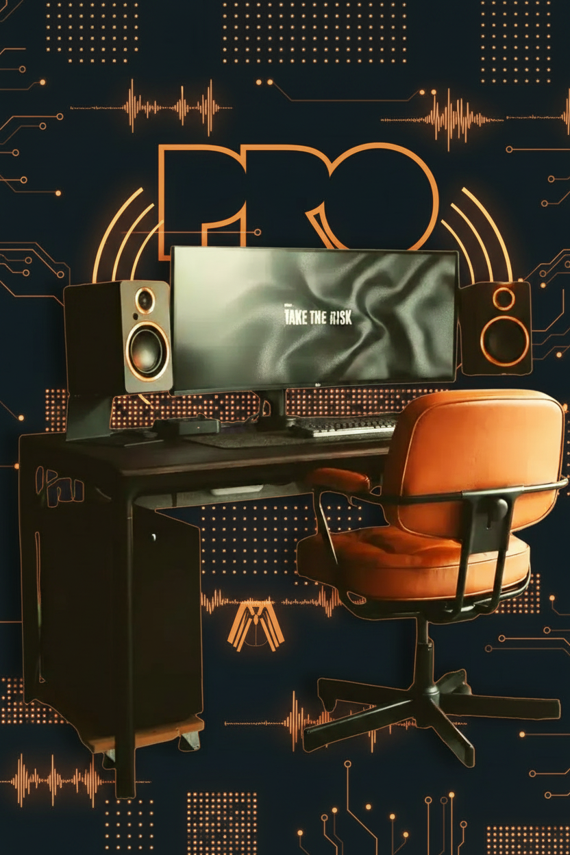 A professional home studio setup featuring a black desk, dual speakers, a computer monitor displaying 'MAKE THE RICK', and an orange leather office chair, all set against a dark background with circuit board patterns and the word 'PRO' in orange.