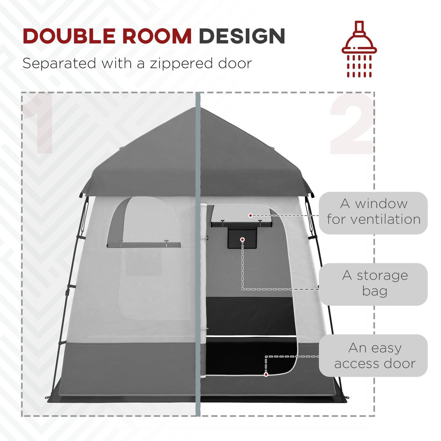 Outsunny Outdoor Portable Pop Up Shower Tent Changing Tent Privacy Enclosure with 2 Rooms, Shower Bag, Floor for Camping, Dark Grey