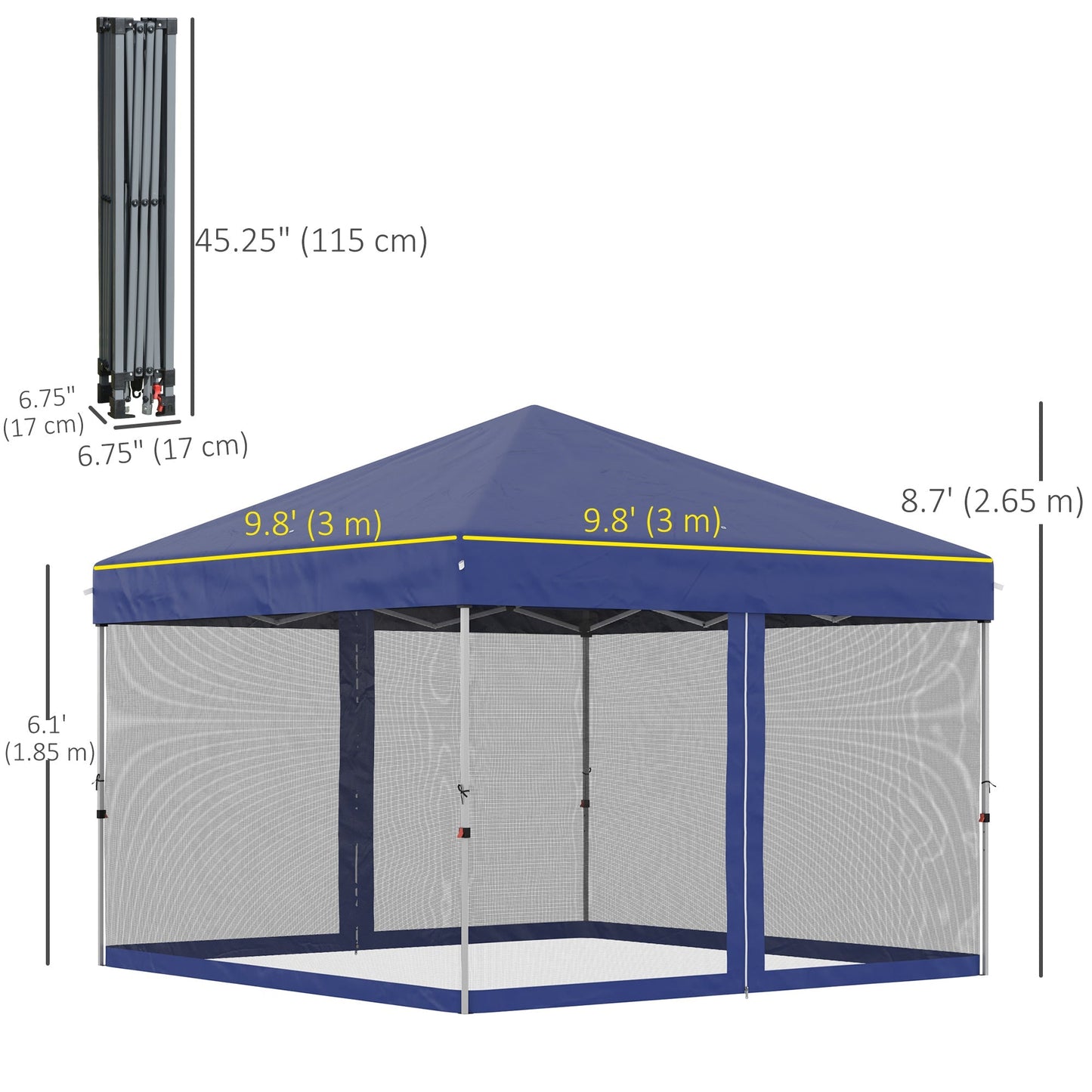 Outsunny 10' x 10' Pop-Up Party Tent Outdoor Canopy Tent with Mesh Sidewalls, 3-Level Adjustable Height, Roller Bag, Blue