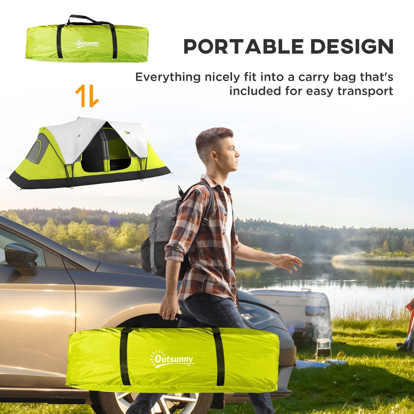 Outsunny Camping Tent for 6-8 Man with 2000mm Waterproof Rainfly and Carry Bag for Fishing Hiking Festival, Green