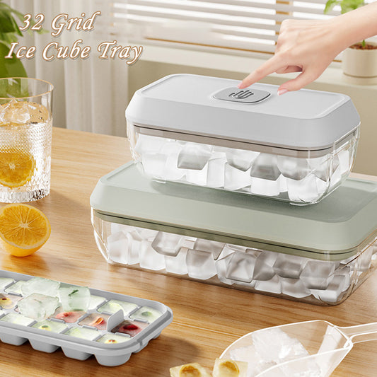 Bac à glaçons en silicone 32 compartiments avec couvercle, pelle, boîte de rangement, retrait en un clic, machine à glaçons, outils de bricolage pour whisky et cocktails, gadgets de cuisine d'été