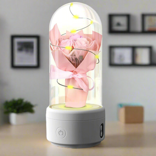 Bouquet créatif 2 en 1 avec lumière LED et haut-parleur Bluetooth, cadeau de fête des mères, veilleuse lumineuse en forme de rose, ornement dans un couvercle en verre