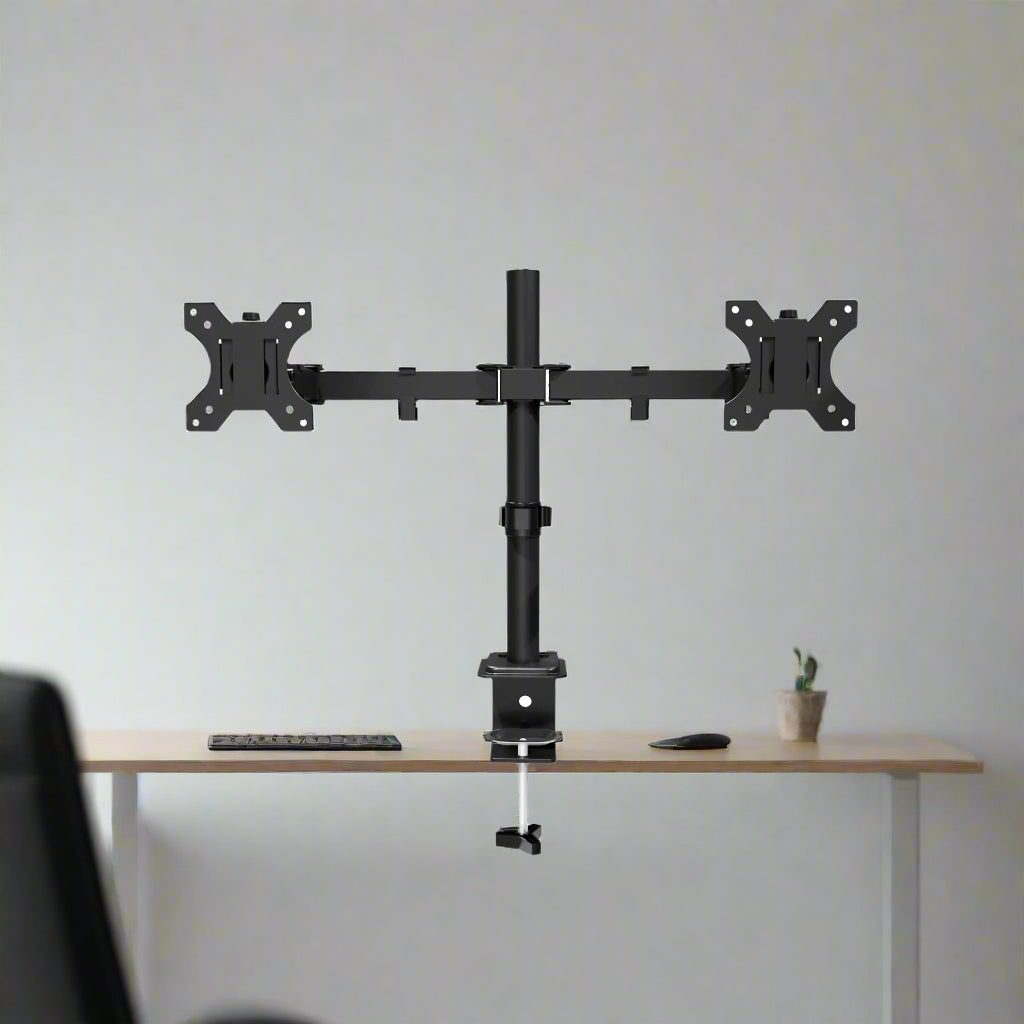 Black dual monitor stand on a white background