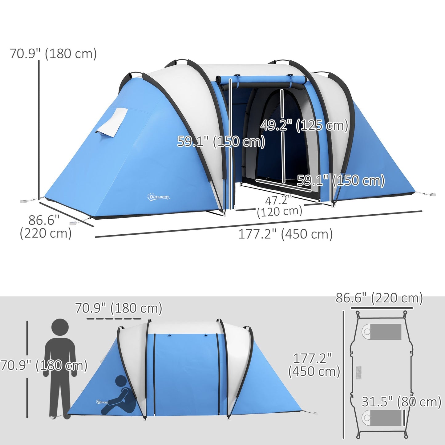 Outsunny Camping Tent with 2 Bedrooms and Living Area, 3000mm Waterproof Family Tent, for Fishing Hiking Festival, Blue