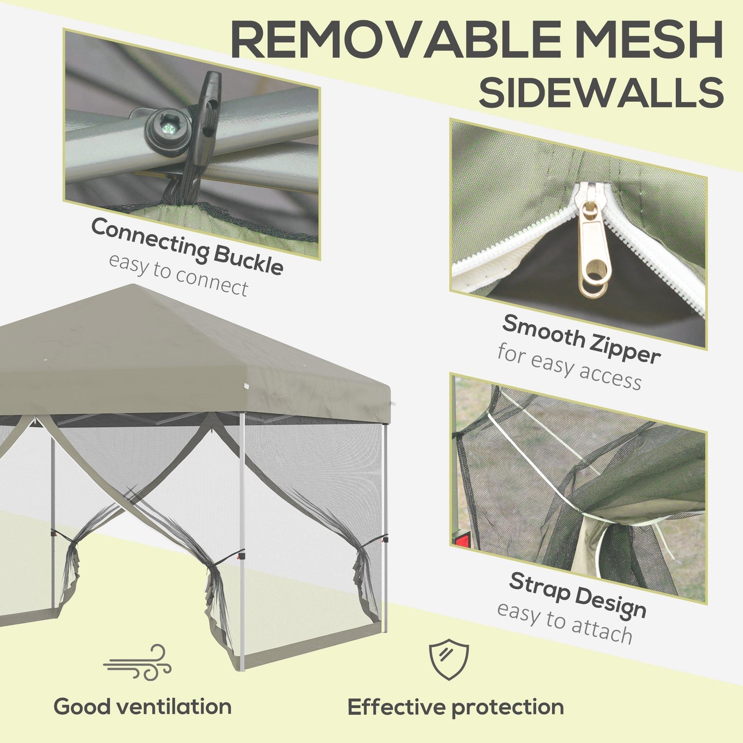 Outsunny 10' x 10' Pop-Up Party Tent Outdoor Canopy Tent with Mesh Sidewalls, 3-Level Adjustable Height, Roller Bag, Beige