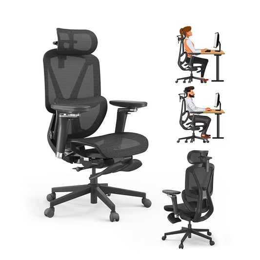 High-Back Ergonomic Office Chair | Adaptive Lumbar 3D Headrest Retractable Footrest Black Home Chairs