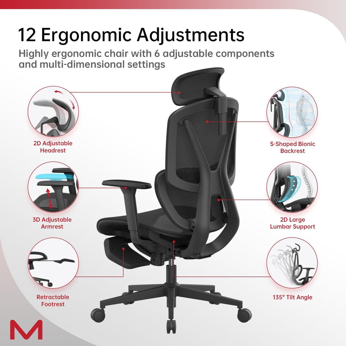 High-Back Ergonomic Office Chair | Adaptive Lumbar 3D Headrest Retractable Footrest Black Home Chairs
