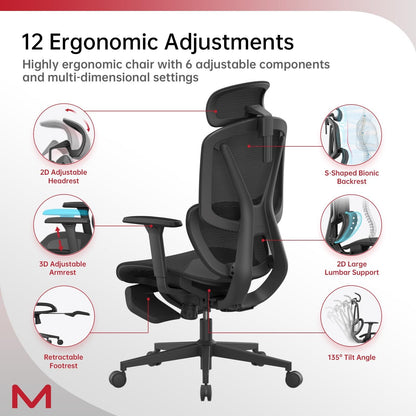 High-Back Ergonomic Office Chair | Adaptive Lumbar 3D Headrest Retractable Footrest Black Home Chairs