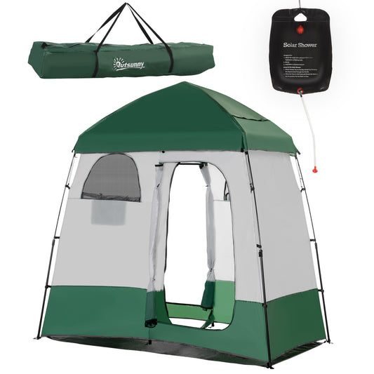 Outsunny Outdoor Portable Pop Up Shower Tent Changing Tent Privacy Enclosure with 2 Rooms, Shower Bag, Floor for Camping, Green