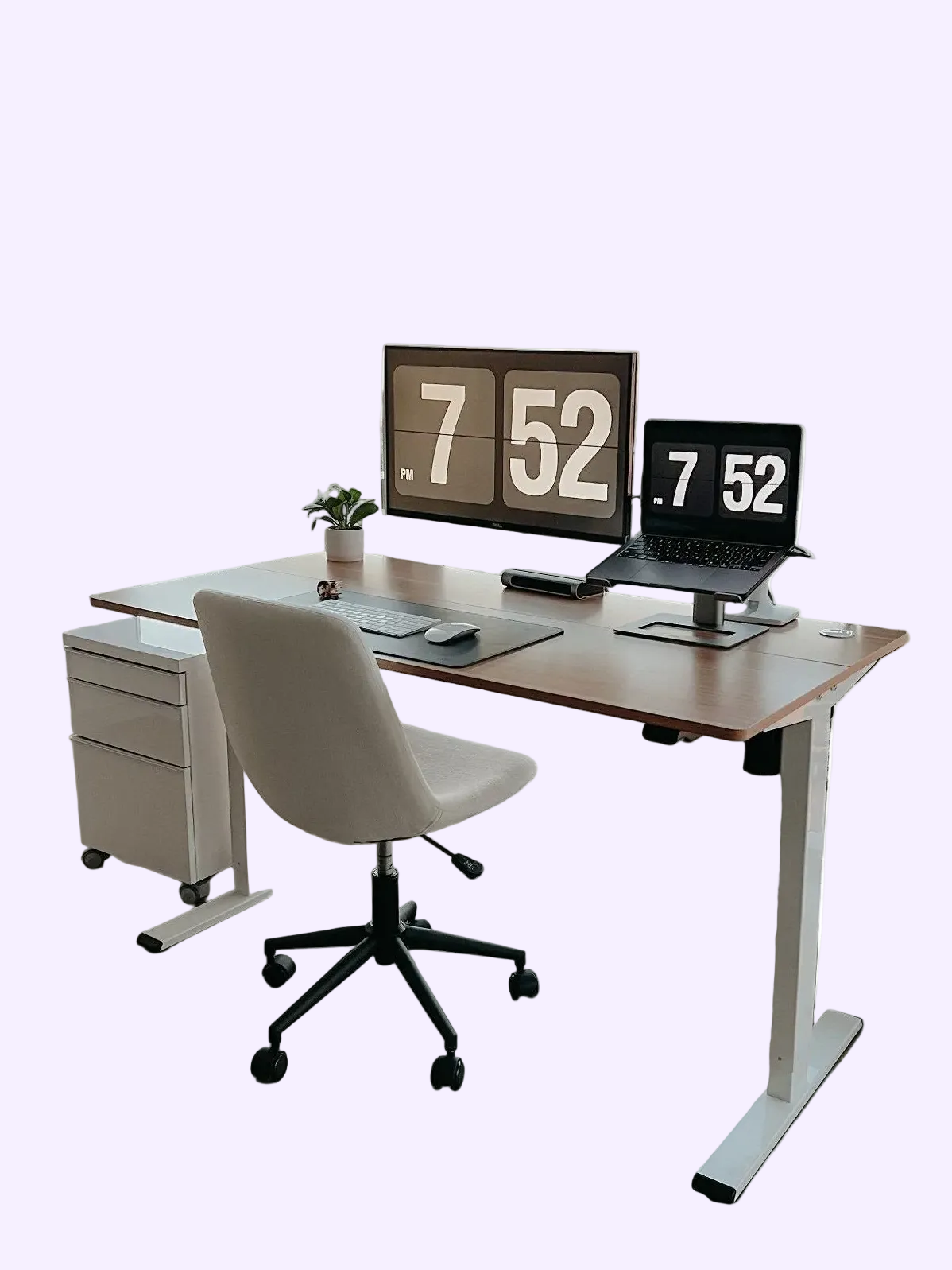 Modern office desk with two monitors, a chair, and a small plant on a white background