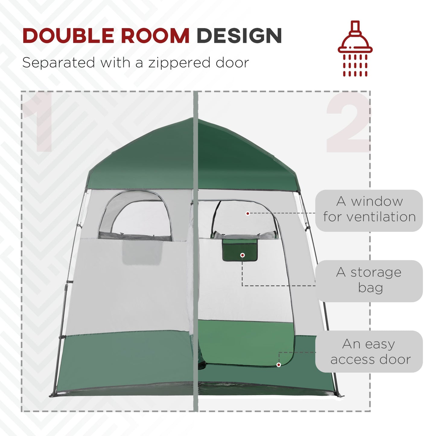 Outsunny Outdoor Portable Pop Up Shower Tent Changing Tent Privacy Enclosure with 2 Rooms, Shower Bag, Floor for Camping, Green