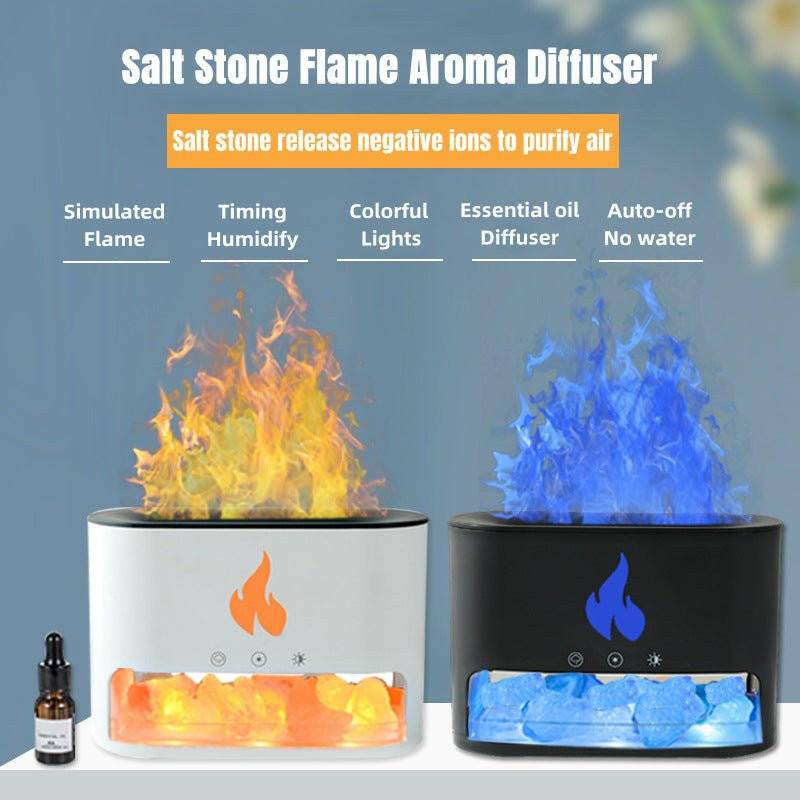 New Flame Humidifier Aromatherapy Machine Crystal Salt Stone Colorful Atmosphere Lamp Flame 3d Simulation Flame Humidifier Household Essential | Austrige