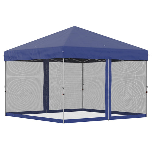 Outsunny 10' x 10' Pop-Up Party Tent Outdoor Canopy Tent with Mesh Sidewalls, 3-Level Adjustable Height, Roller Bag, Blue