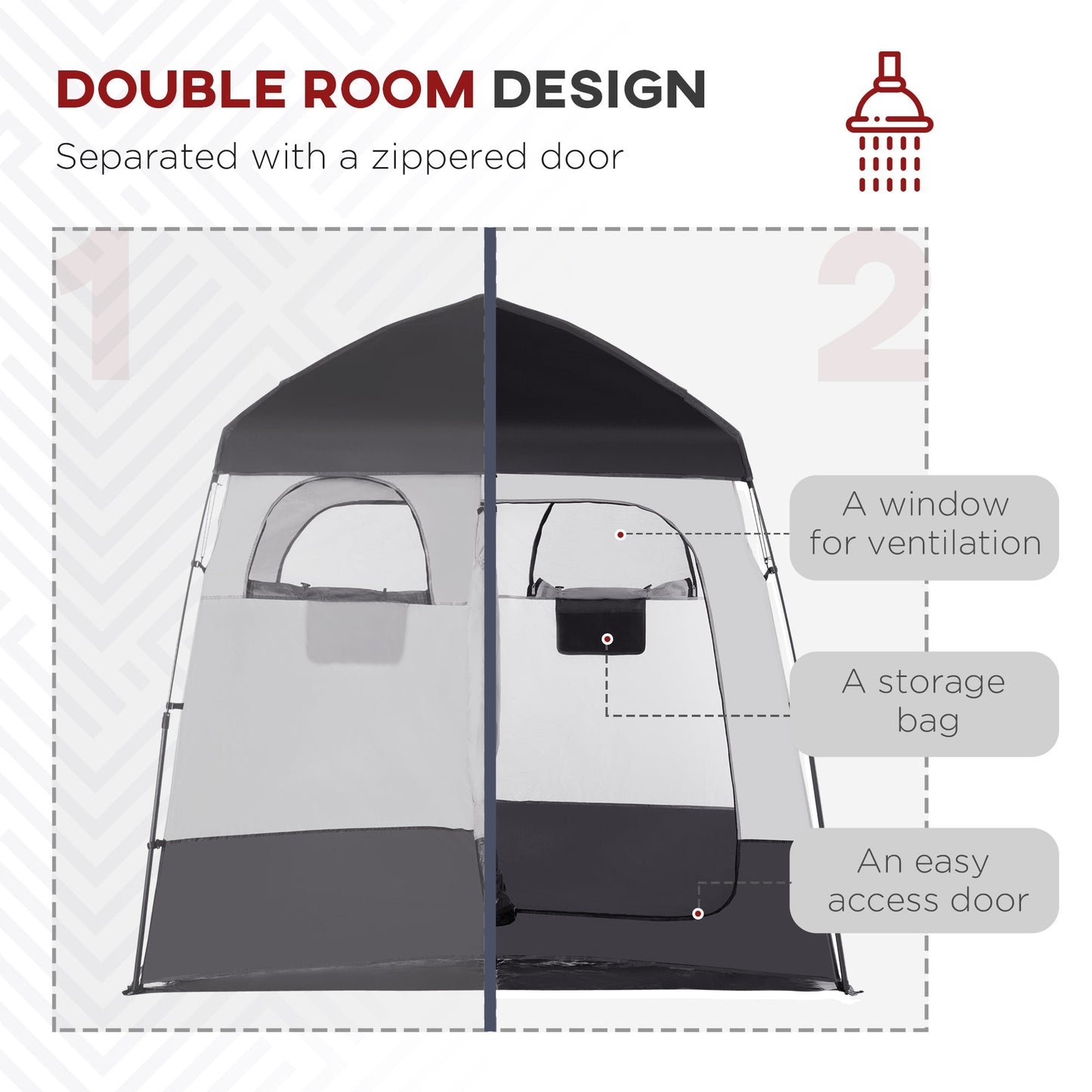 Outsunny Outdoor Portable Pop Up Shower Tent Changing Tent Privacy Enclosure with 2 Rooms, Shower Bag, Floor for Camping, Black