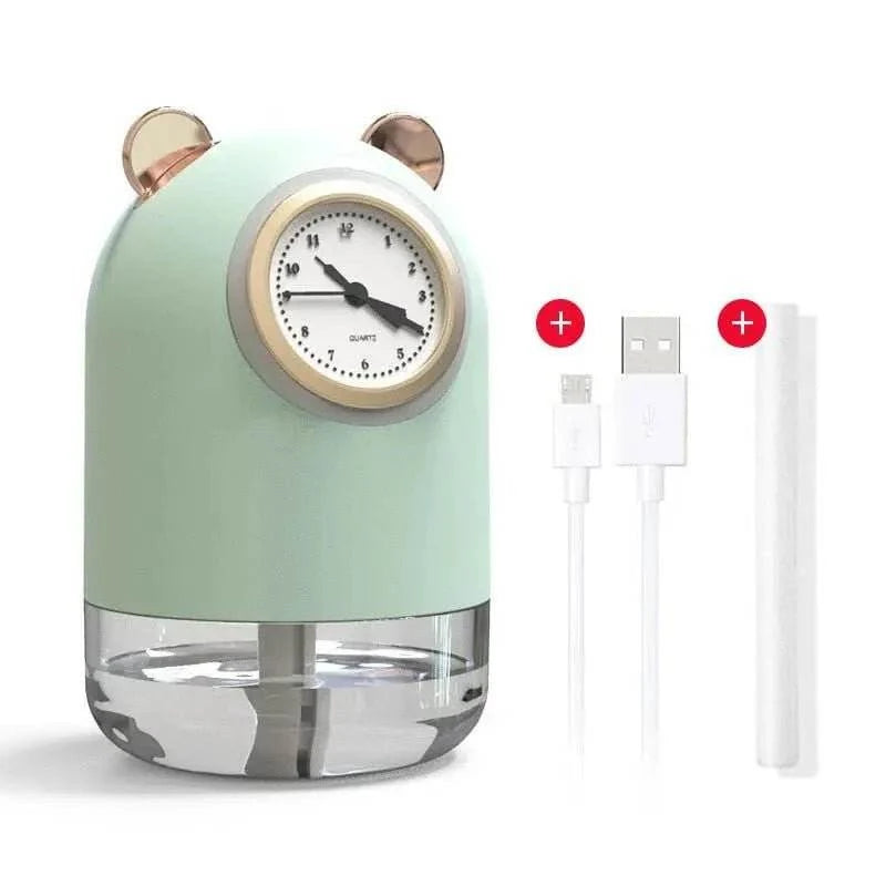 Ultrasonic Desk Humidifier with LED Light USB Powered Clock Green Diffuser