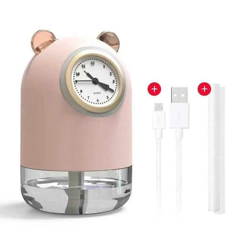 Ultrasonic Desk Humidifier with LED Light USB Powered Clock Pink Diffuser