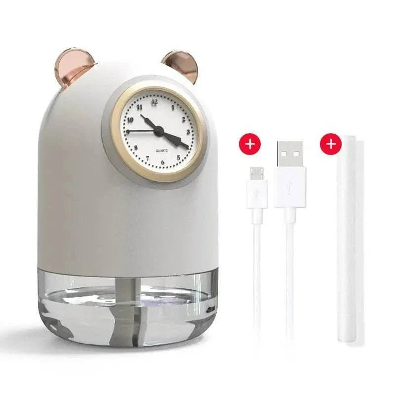 Ultrasonic Desk Humidifier with LED Light USB Powered Clock White Diffuser