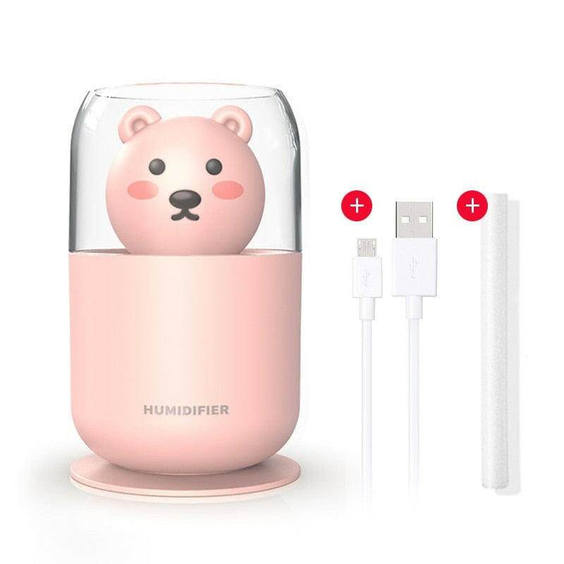 Ultrasonic Desk Humidifier with LED Light USB Powered Cute Bear Pink Diffuser