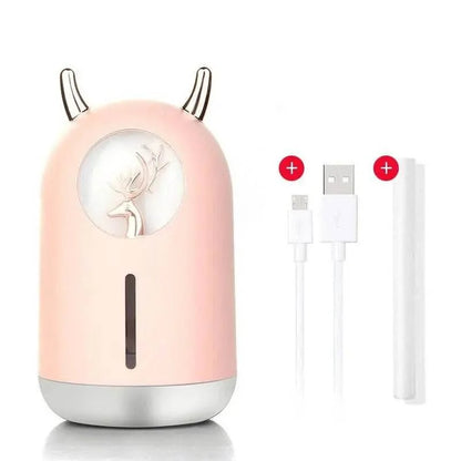 Ultrasonic Desk Humidifier with LED Light USB Powered Cute Deer Pink Diffuser